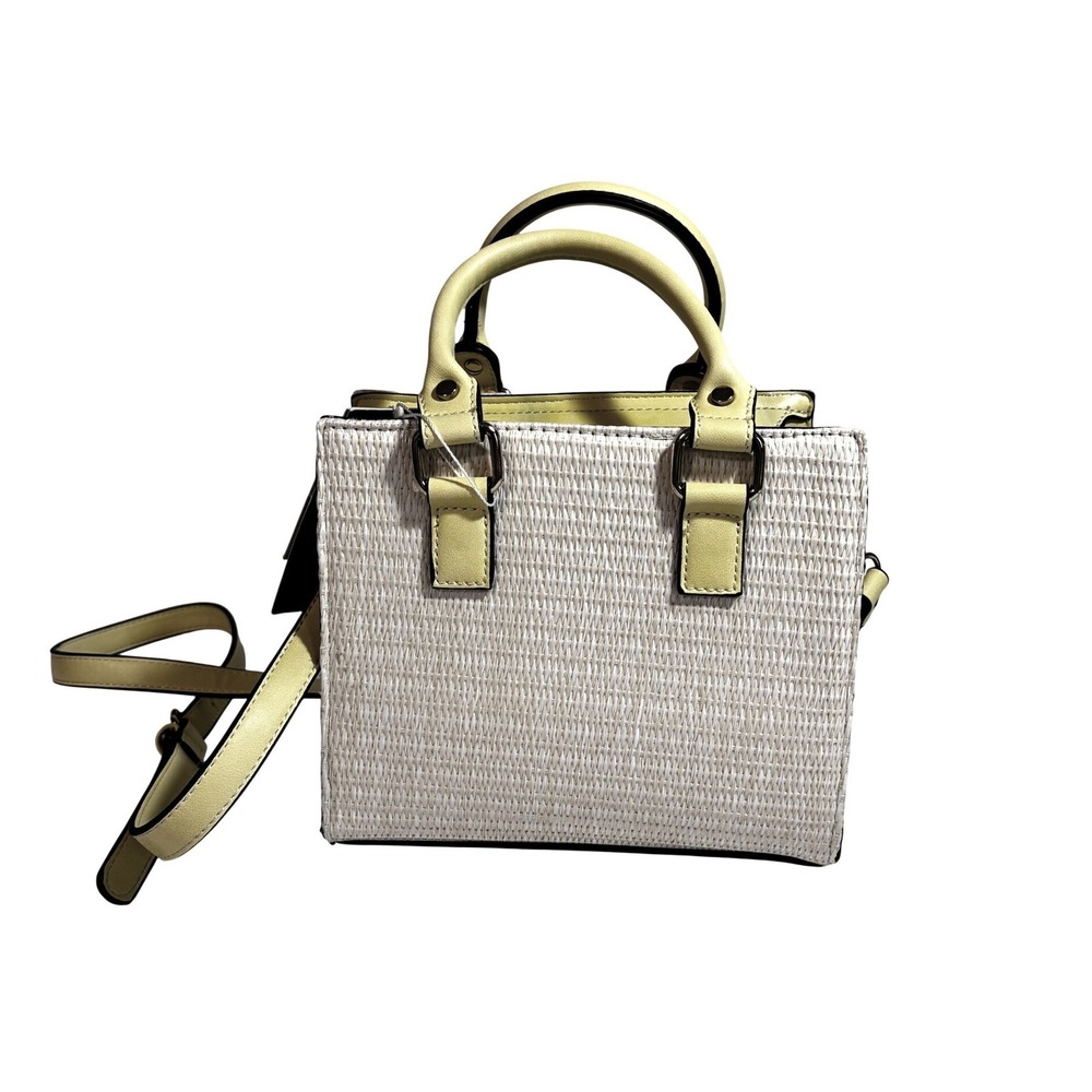 Atrie Woven Straw Satchel Crossbody Handbag Yellow Trim Leopard Print Lining NWT